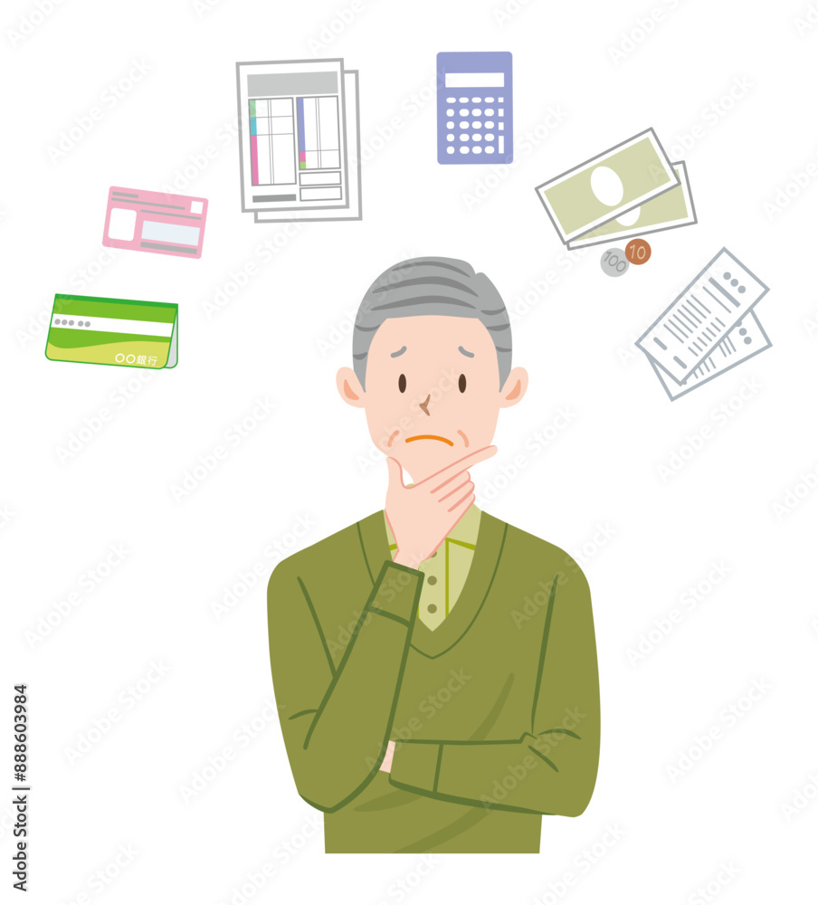 確定申告 帳簿 年金 考える高齢者のイラスト 男性 中高年 疑問 確定申告 帳簿 年金 考える高齢者のイラスト 男性 中高年 疑問