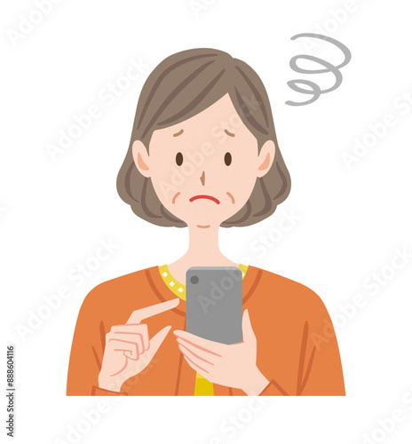 スマホを操作する中年女性のイラスト　使い方が分からない　困る