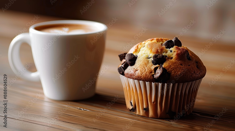 A closeup of an upright, plain white coffee cup with the spout and handle visible on one side, next to it is a chocolate chip muffin in its paper case