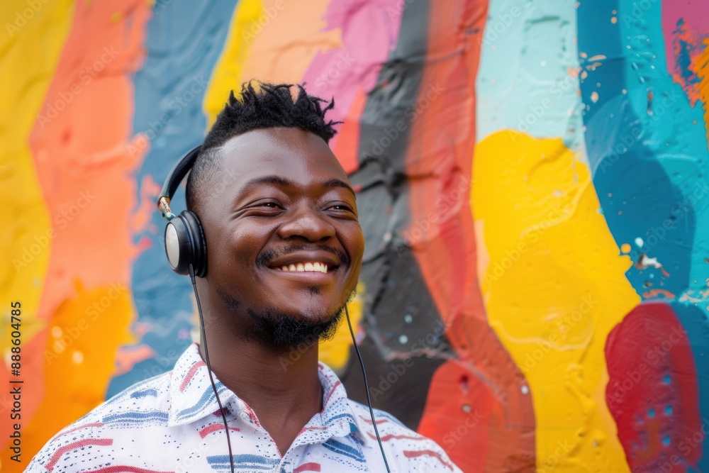Obraz premium Smiling man listening to headphones on vibrant abstract background