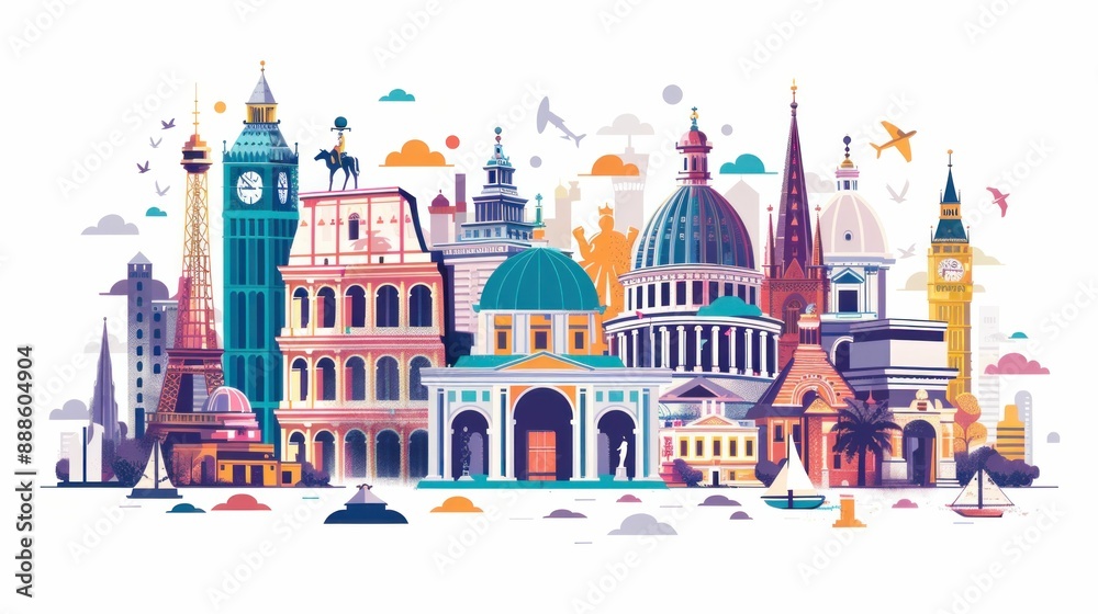 Obraz premium City of london skyline with flat style buildings in travel and business concept illustration
