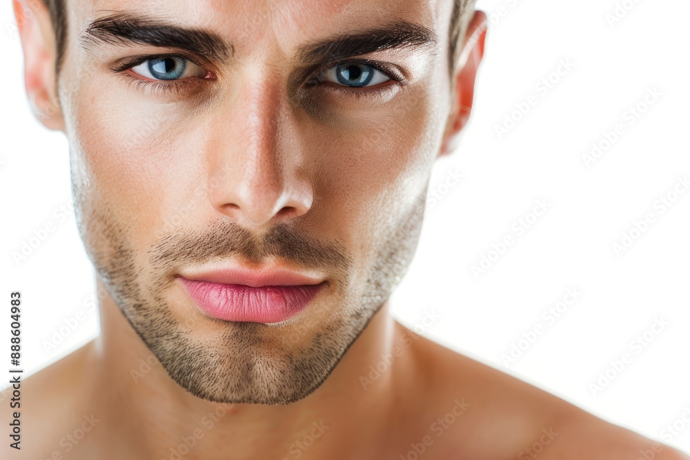 Obraz premium Spa beauty and skin care concept. Beautiful man face with clean fresh skin. Beauty portrait isolated on white