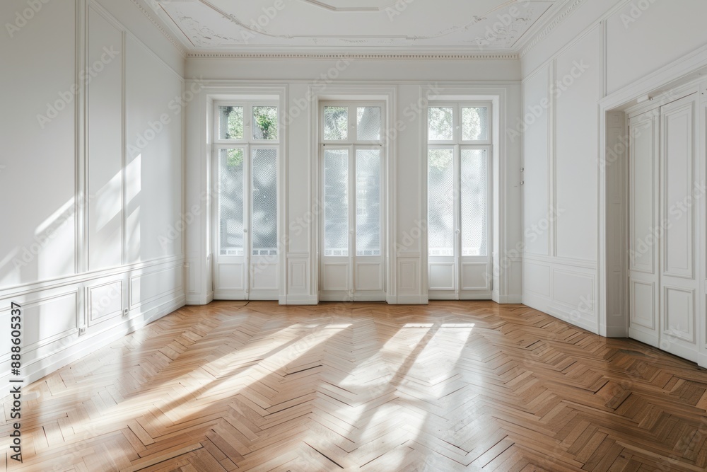 Obraz premium The interior of a small empty room in white with a parquet floor and three internal windows