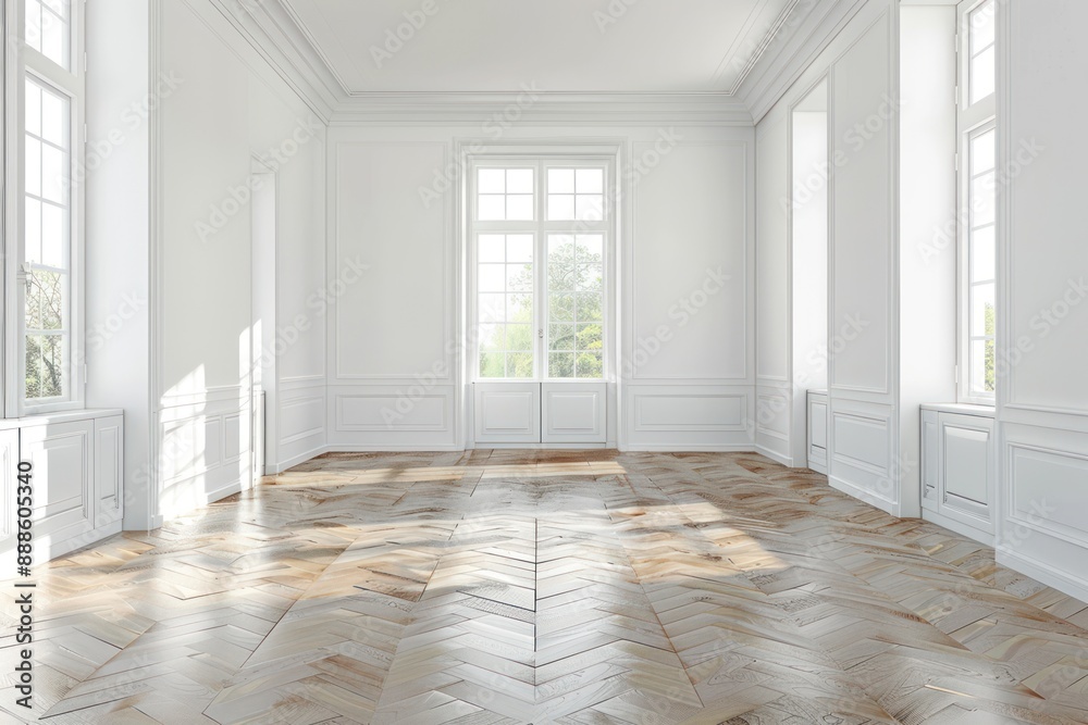 Obraz premium The interior of a small empty room in white with a parquet floor and three internal windows