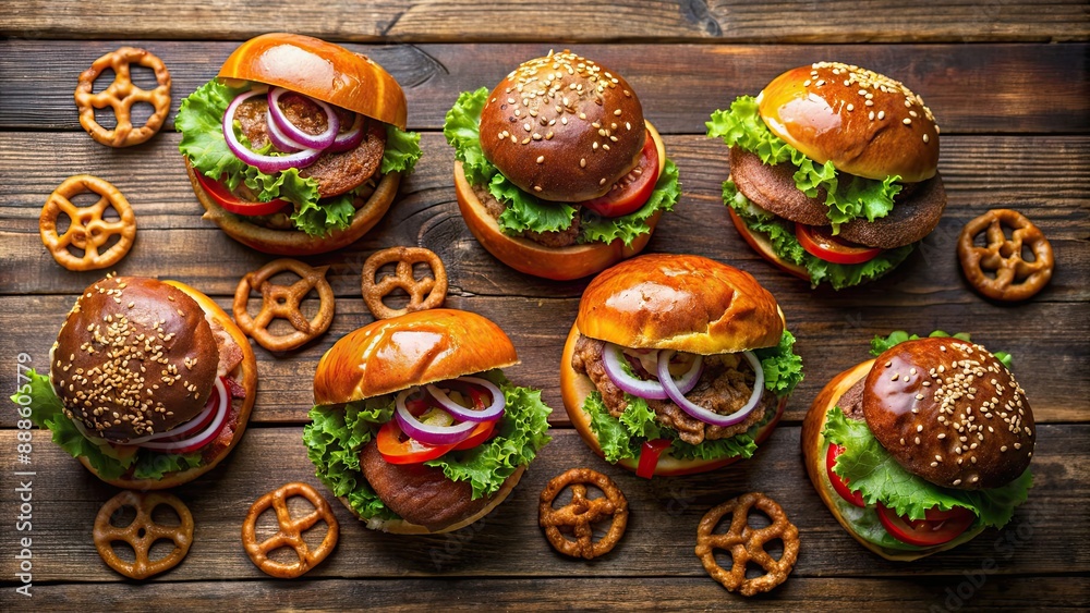 Fototapeta premium Top-down photo of gourmet burgers with unique pretzel buns