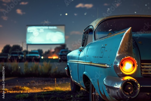 Vintage Drive-In Theater: Capture a retro car parked in front of a classic drive-in movie theater