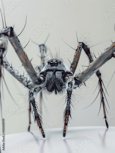 A detailed macro shot of a spitting spider on a wh 61 1 insect, spider, macro, animal, bug, nature, mosquito, isolated, closeup, arachnid, close up, white, close, black, pest, brown, arachnophobia, ph photo