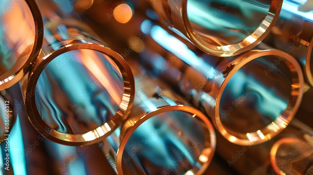 Close-up view of reflective copper pipes with circuits Close-up view of reflective copper pipes with circuits