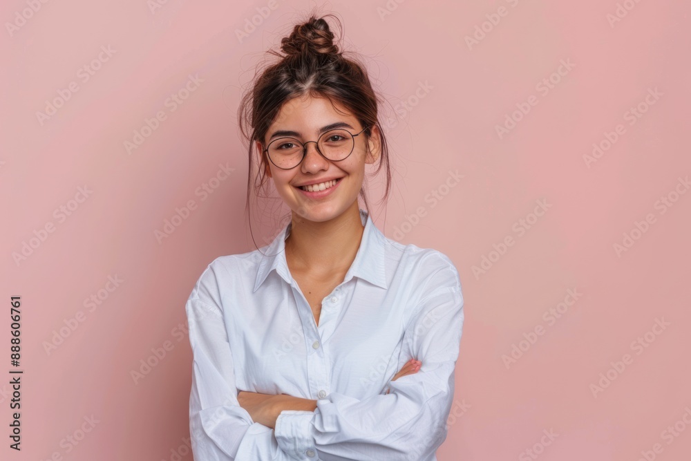 Young beautiful woman wearing formal shirt and glasses over isolated one color background, happy face Young beautiful woman wearing formal shirt and glasses over isolated one color background, happy face
