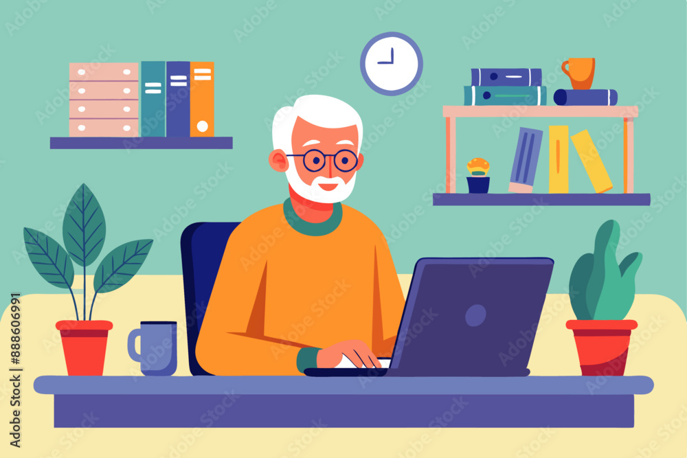 old person using a laptop, minimal style illustration