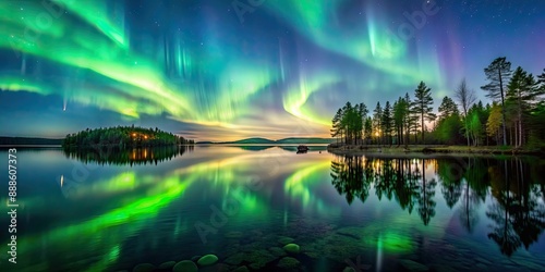 Northern lights dancing over calm lake in Farnebofjarden national park in north of Sweden © Sujid