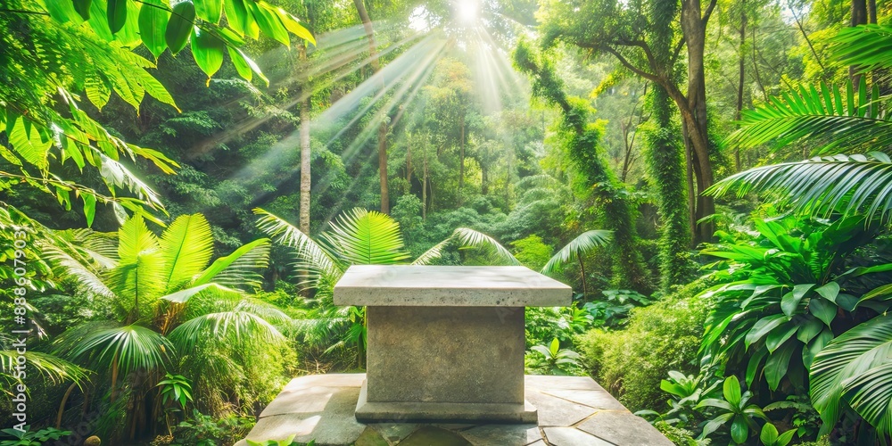 Natural stone podium in a jungle setting, bathed in sunlight , jungle, stone, podium, display, natural, sunlight, plant Natural stone podium in a jungle setting, bathed in sunlight , jungle, stone, podium, display, natural, sunlight, plant