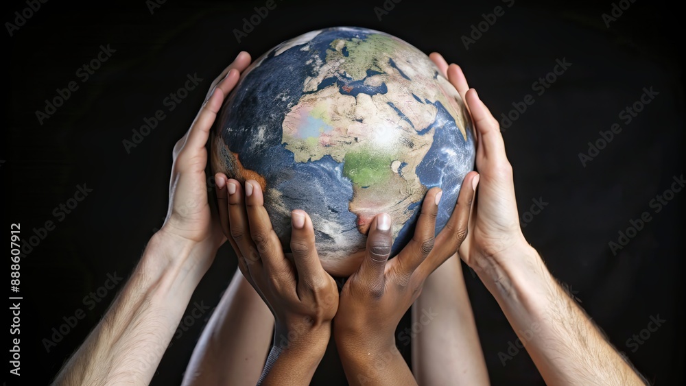 A close-up of diverse hands holding up a globe symbolizing unity and saving the earth, eco-friendly A close-up of diverse hands holding up a globe symbolizing unity and saving the earth, eco-friendly