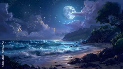 Moonlit Beach - Serene beach scene bathed in moonlight