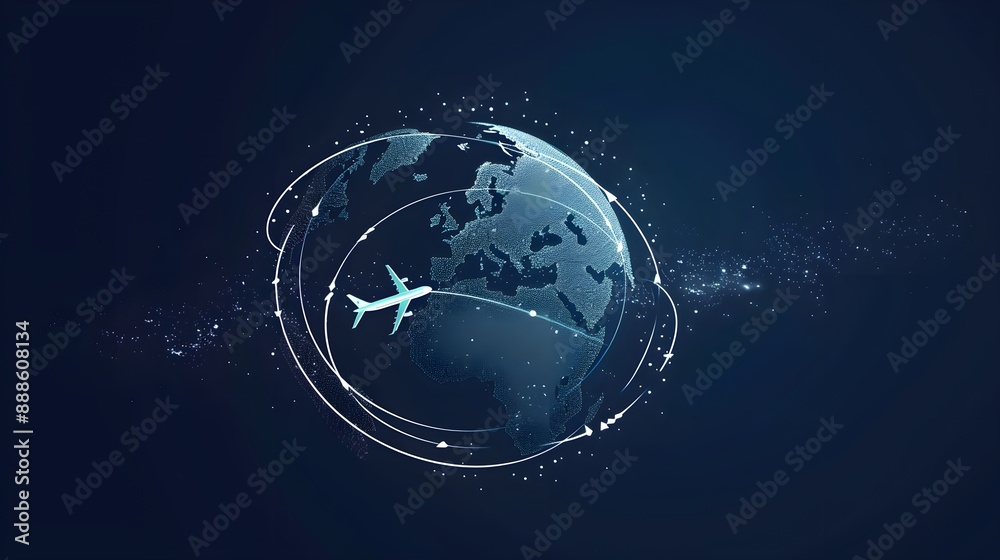 Airplane icon flying in circles around the earth. modern design World travel Airplane icon flying in circles around the earth. modern design World travel