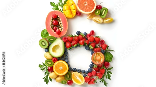 Fototapeta Naklejka Na Ścianę i Meble -  Number 6 composed of assorted fruits and vegetables