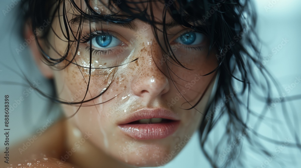 beautiful woman with blue eyes and black hair, close up portrait beautiful woman with blue eyes and black hair, close up portrait