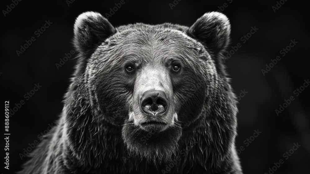 Front view of isolated brown bear on black background. Black and white image of a Kamchatka bear. Predator series. Front view of isolated brown bear on black background. Black and white image of a Kamchatka bear. Predator series.