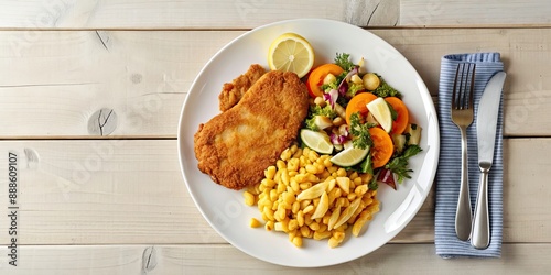 Traditional Austrian dish of Schnitzel with Sp?tzle and mixed vegetables on a white plate, Schnitzel photo