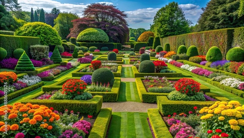Fototapeta Naklejka Na Ścianę i Meble -  An immaculately manicured garden filled with colorful flowers and neatly trimmed hedges, manicured, garden, flowers