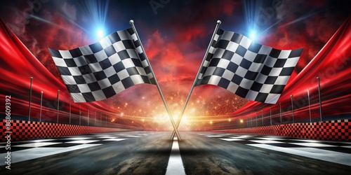 A checkered flag is flying in the air above a racetrack
