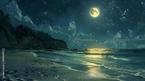 Moonlit Beach - Serene beach scene bathed in moonlight