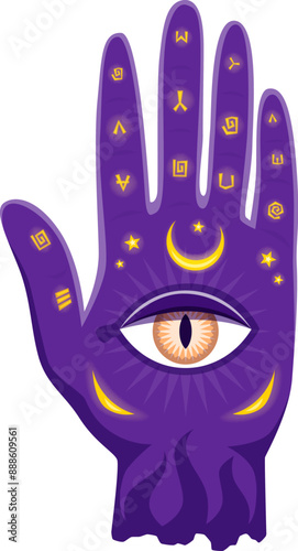 Cartoon magic hand with all seeing eye. Isolated vector occult amulet with mystic symbols. Open human palm with signs for palmistry, spirituality, alchemy and esoteric, fortune telling, tarot cards