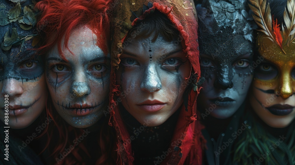 Obraz premium A group of women with painted faces, one of which has a skull on it