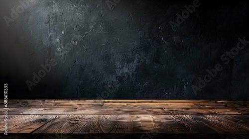 A wooden table is in front of a dark room wall background for advertising and product placement