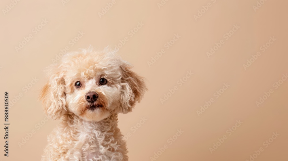 Cute pet dog with a playful expression, fluffy coat, sitting on a neutral background, centered, plenty of copy space, warm lighting, joyful feel Cute pet dog with a playful expression, fluffy coat, sitting on a neutral background, centered, plenty of copy space, warm lighting, joyful feel