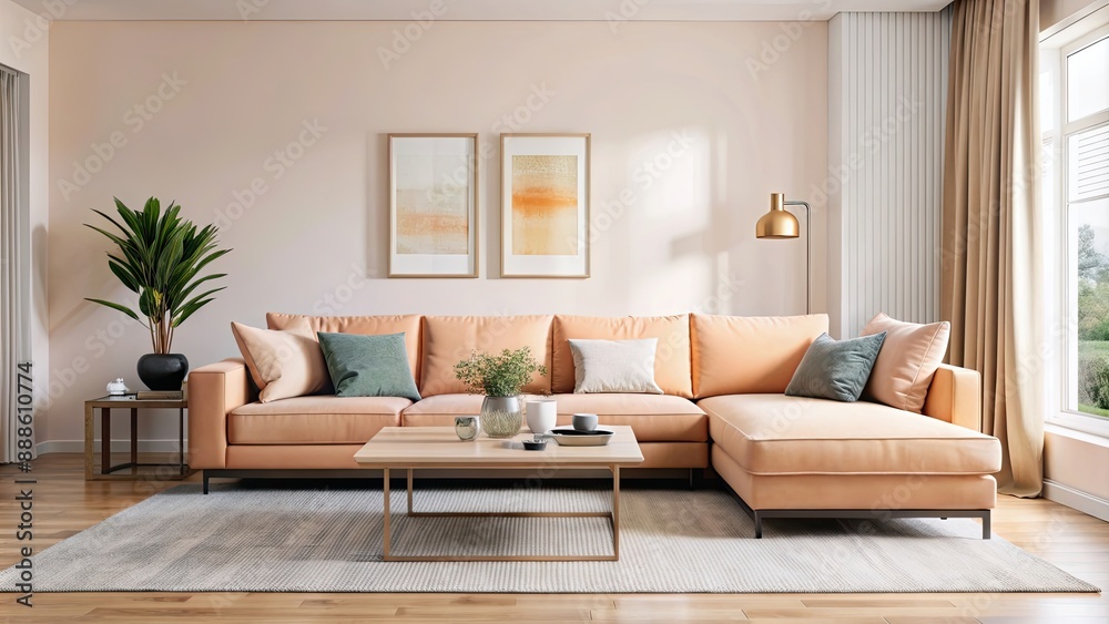 Minimalist living room with big cozy sofa, peach color scheme, and square coffee table , modern, interior, minimal, poster, wall Minimalist living room with big cozy sofa, peach color scheme, and square coffee table , modern, interior, minimal, poster, wall