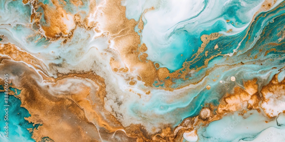 Fototapeta premium Seafoam and metallic copper alcohol ink creating beautiful marble-like swirls , abstract, texture, vibrant, colorful