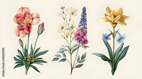 Vintage artwork and retro graphic design set of botanical elements
