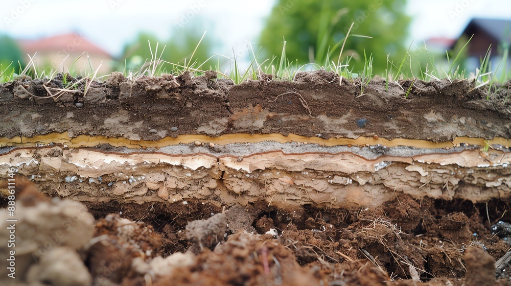 Close-up view of soil layers with distinct stratification, showcasing various sediment levels and organic matter, perfect for educational use. Close-up view of soil layers with distinct stratification, showcasing various sediment levels and organic matter, perfect for educational use.
