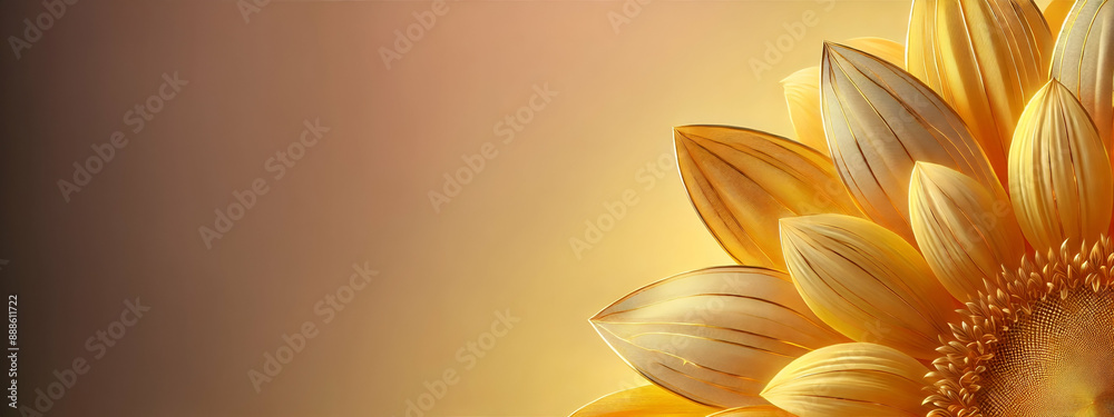 Obraz premium Close-Up of Yellow Sunflower Petals with Gold Accents on Pastel Peach to Yellow Gradient Background, Floral banner with copy space