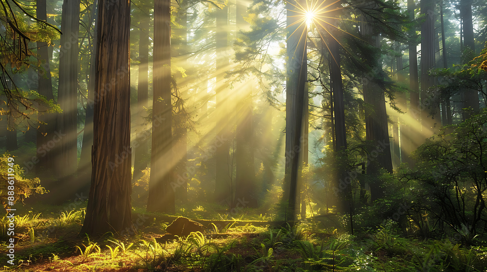 Obraz premium Sunbeams Illuminating Majestic Redwood Forest