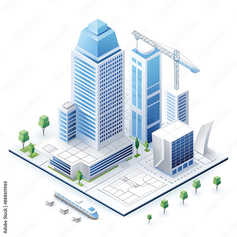 Isometric Cityscape Illustration of Modern Urban Environment with Buildings Trees and a Train Isometric Cityscape Illustration of Modern Urban Environment with Buildings Trees and a Train