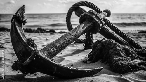 A rusty anchor rests on a weathered wooden dock, its thick rope tied securely to a bollard