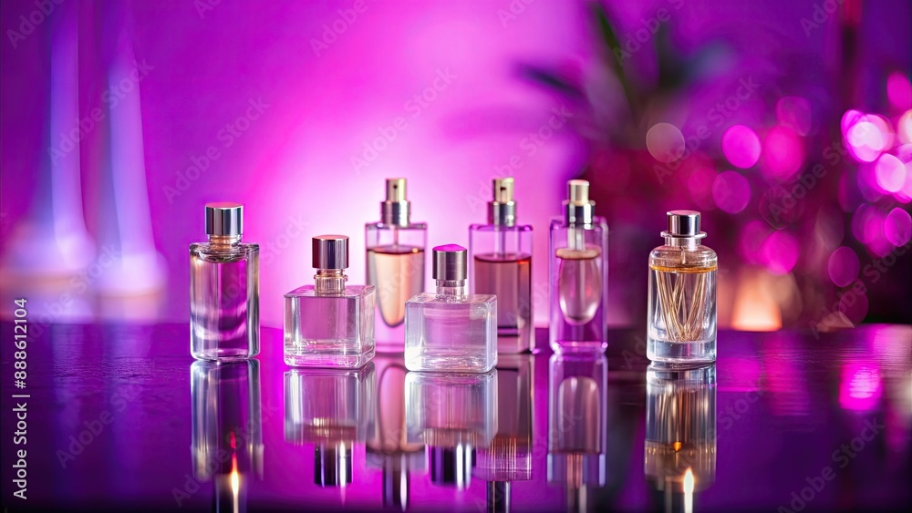 Perfume bottles displayed on a table against a pink and purple background, perfume, fragrance, bottles, display, table, pink Perfume bottles displayed on a table against a pink and purple background, perfume, fragrance, bottles, display, table, pink