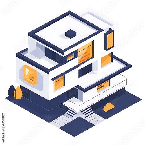 Isometric Modern House Exterior with Stairs and Trees