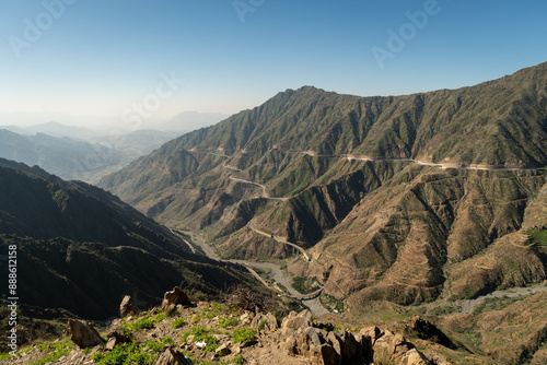 Al Bahah, Saudi Arabia: Dramati view of the mountain road near Al Bahah in the Hijaz mountains in Saudi Arabia in the middle east