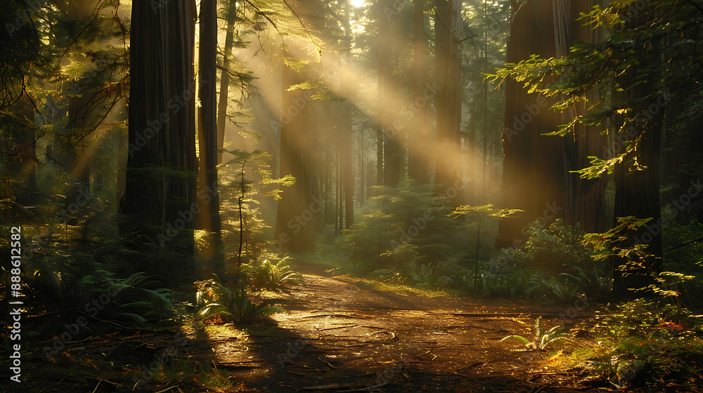 Fototapeta premium Sunbeams Illuminating Majestic Redwood Forest