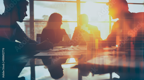 Professional business team working on a project together in the office Using economic growth charts and network connections to accompany the data. in Innovation analyzing future trends