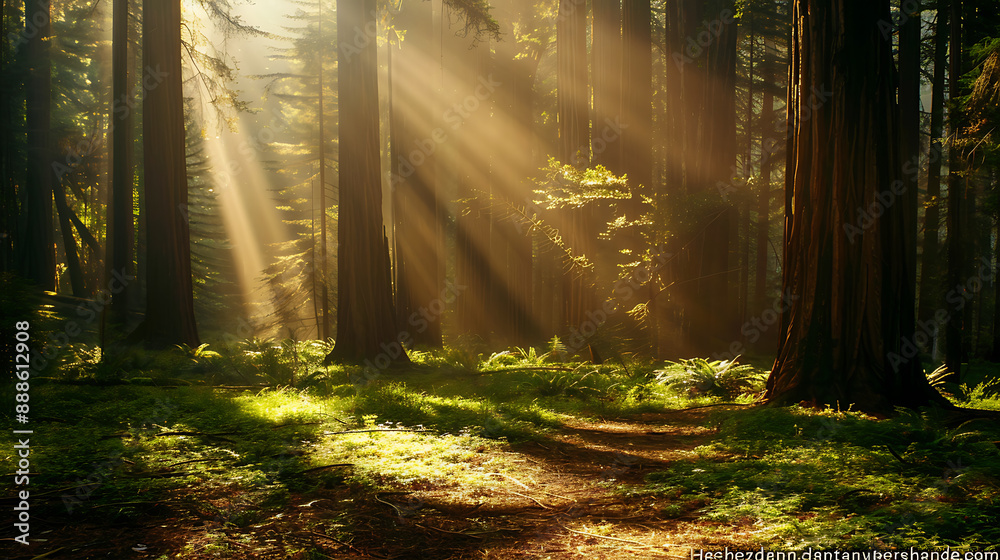 Obraz premium Sunbeams Illuminating Majestic Redwood Forest