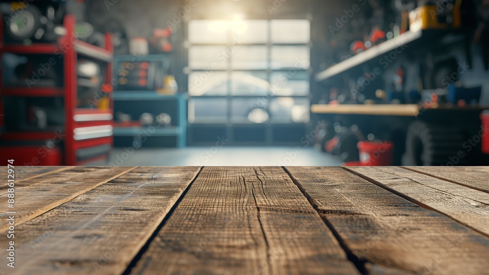 An empty wooden table with a blurred background of a car workshop An empty wooden table with a blurred background of a car workshop
