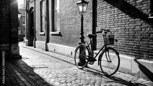 A vintage black bicycle leans against a weathered brick wall on a quiet Amsterdam street