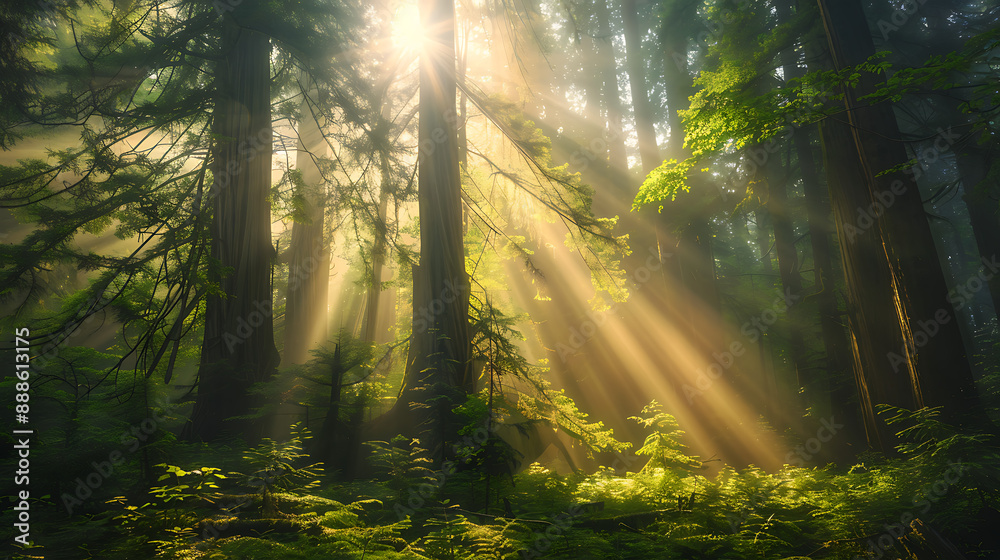 Fototapeta premium Sunbeams Illuminating Majestic Redwood Forest