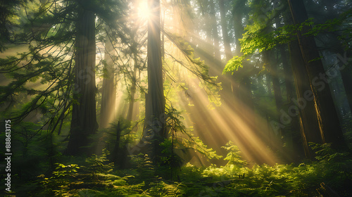 Sunbeams Illuminating Majestic Redwood Forest © Thawatchai