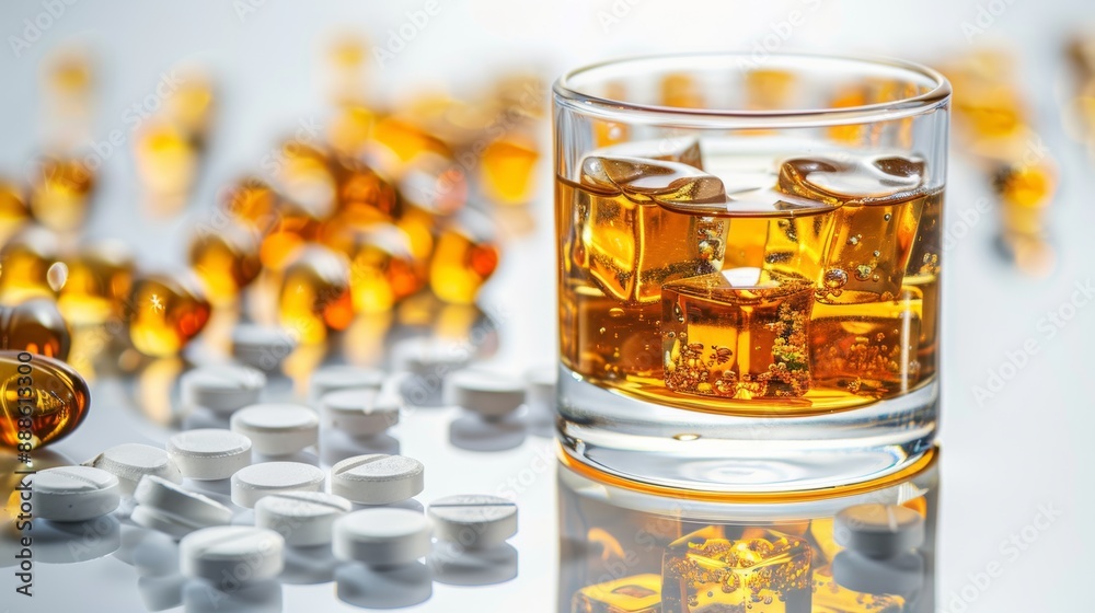Whiskey glass and pills on white background Abuse of alcohol with whiskey glass with ice and pills medical concept Whiskey glass and pills on white background Abuse of alcohol with whiskey glass with ice and pills medical concept