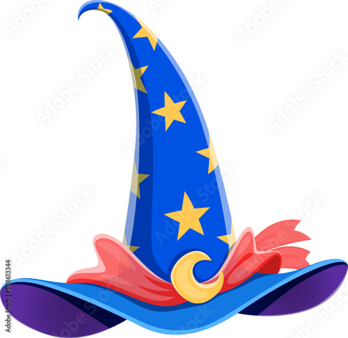 Cartoon Halloween witch hat with stars, moon buckle and playful pink bow. Isolated vector whimsical blue astrologer cap with wide brim. Enchanting accessory for a bewitching look on All Hallows Eve